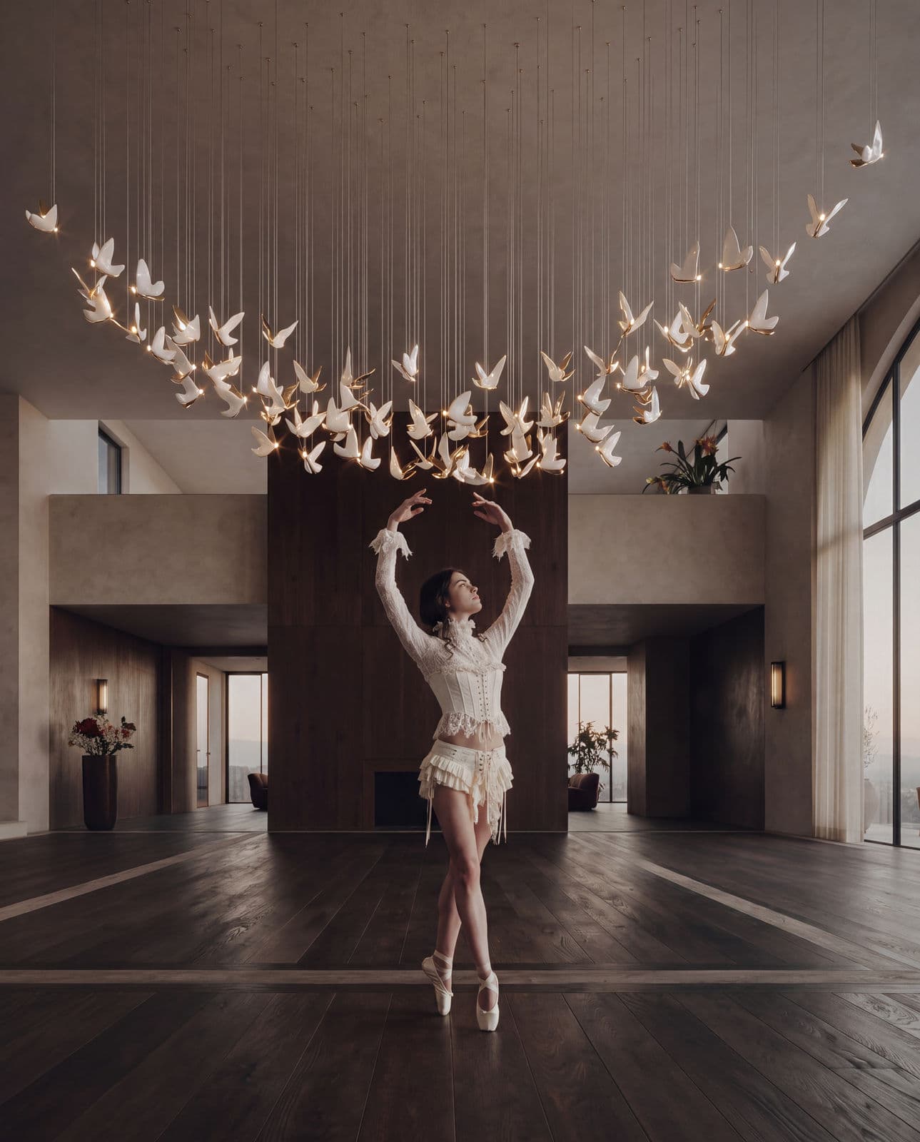 AI visualisation: a dancer in white on pointe with raised arms beneath an arc of white butterflies, composition LC0287, in a double-height hall with a dark fireplace volume and an arched window.