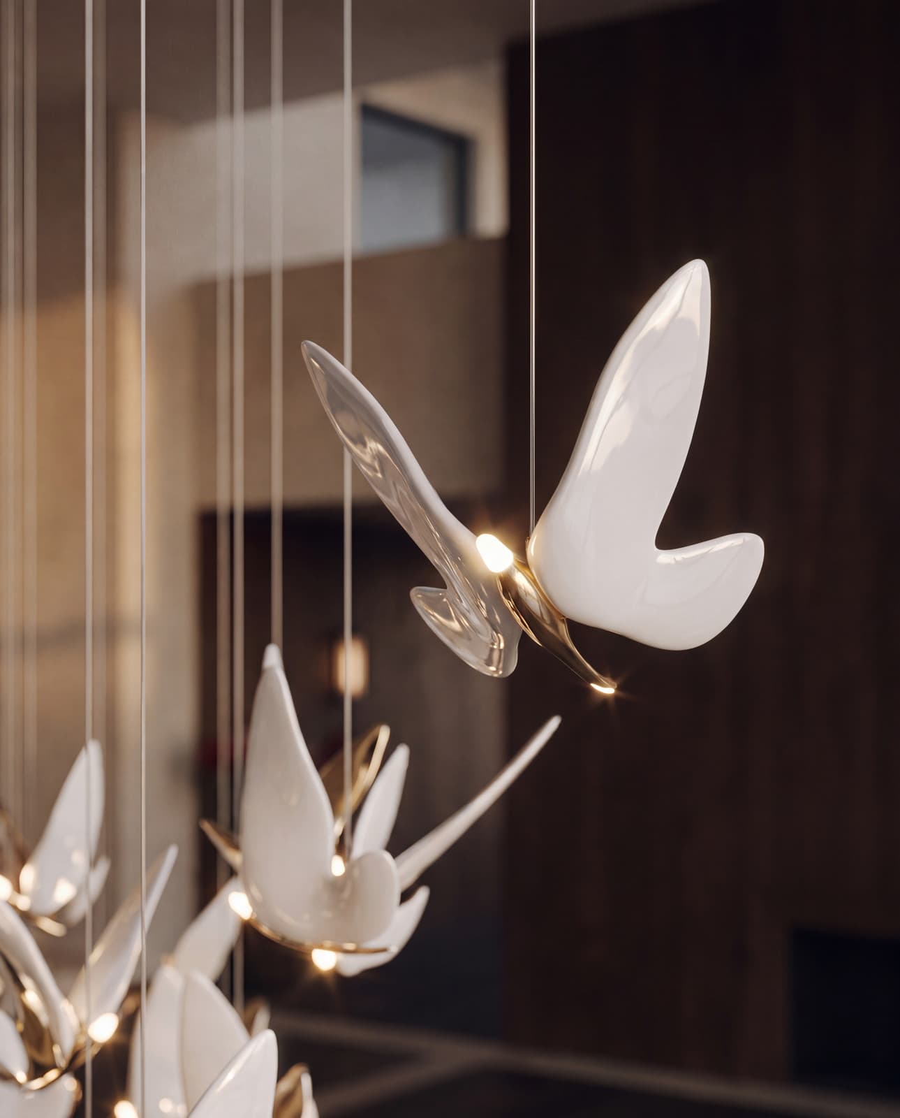 AI visualisation: a white butterfly of composition LC0287 in close-up, lit where the wings meet, more butterflies with golden accents below against a dark background.
