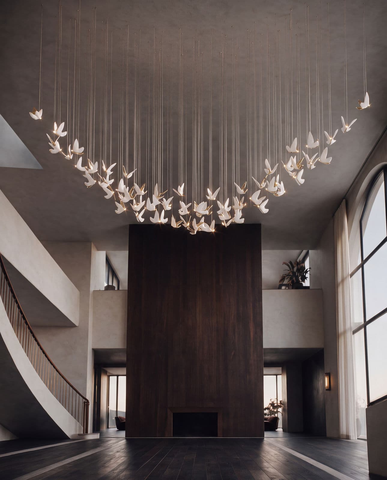 AI visualisation: wide view of a double-height hall with an arc of white butterflies, composition LC0287, under the ceiling, a dark fireplace volume below, a curved staircase on the left and an arched window on the right.