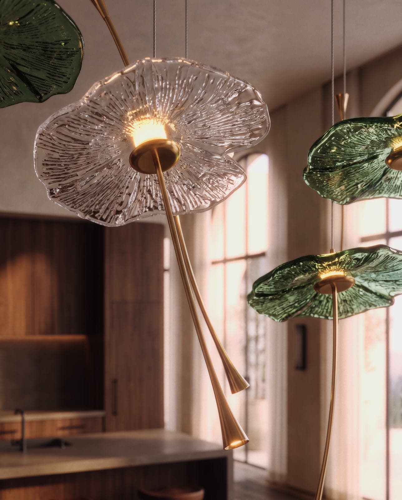 AI visualisation: a clear corolla of composition LC0545-1 lit at the centre with two golden stems ending in flared tips, green corollas at the sides, a kitchen and arched windows behind.