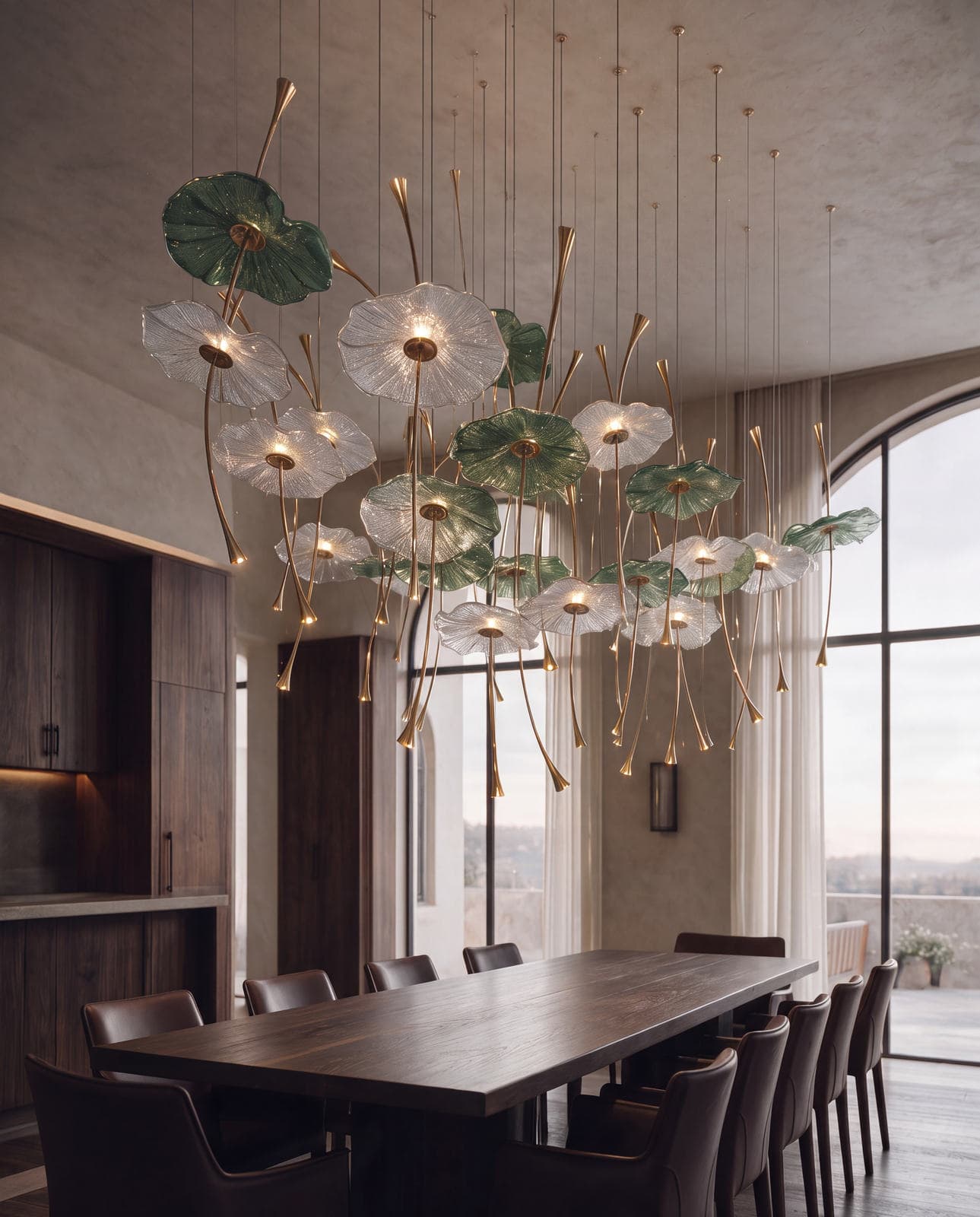 AI visualisation: composition LC0545-1 of clear and green corollas on golden stems above a dining table, arched windows with a hill view on the right.