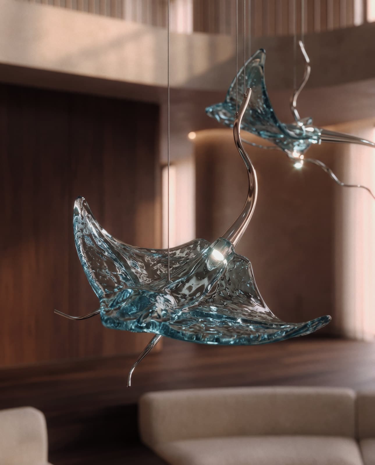 AI visualisation: two aqua stingrays of composition LC0549 in close-up, with the dark walls and pale sofa of a lounge behind.