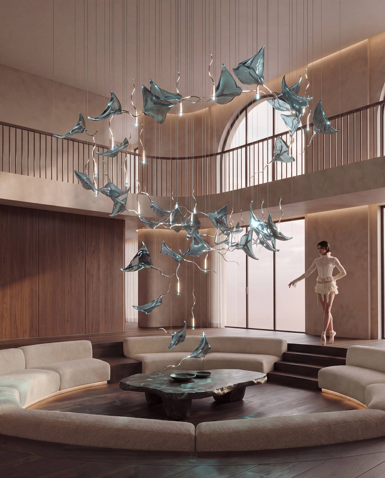 AI visualisation: a spiral of aqua stingrays, composition LC0549, over a round sunken lounge with a gallery and an arched window; a dancer stands by the steps on the right.