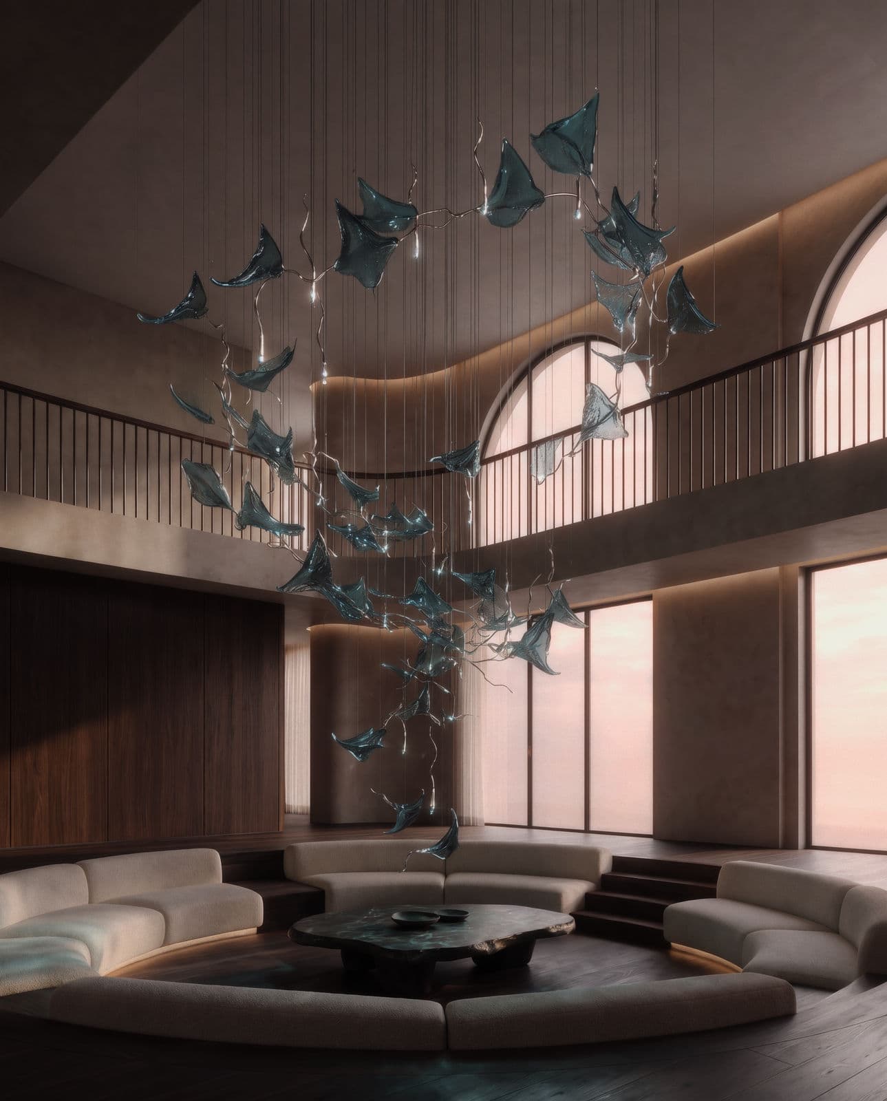 AI visualisation: wide view of a round lounge with sunken sofas and a spiral of stingrays, composition LC0549, rising towards a railed gallery with arched windows in evening light.