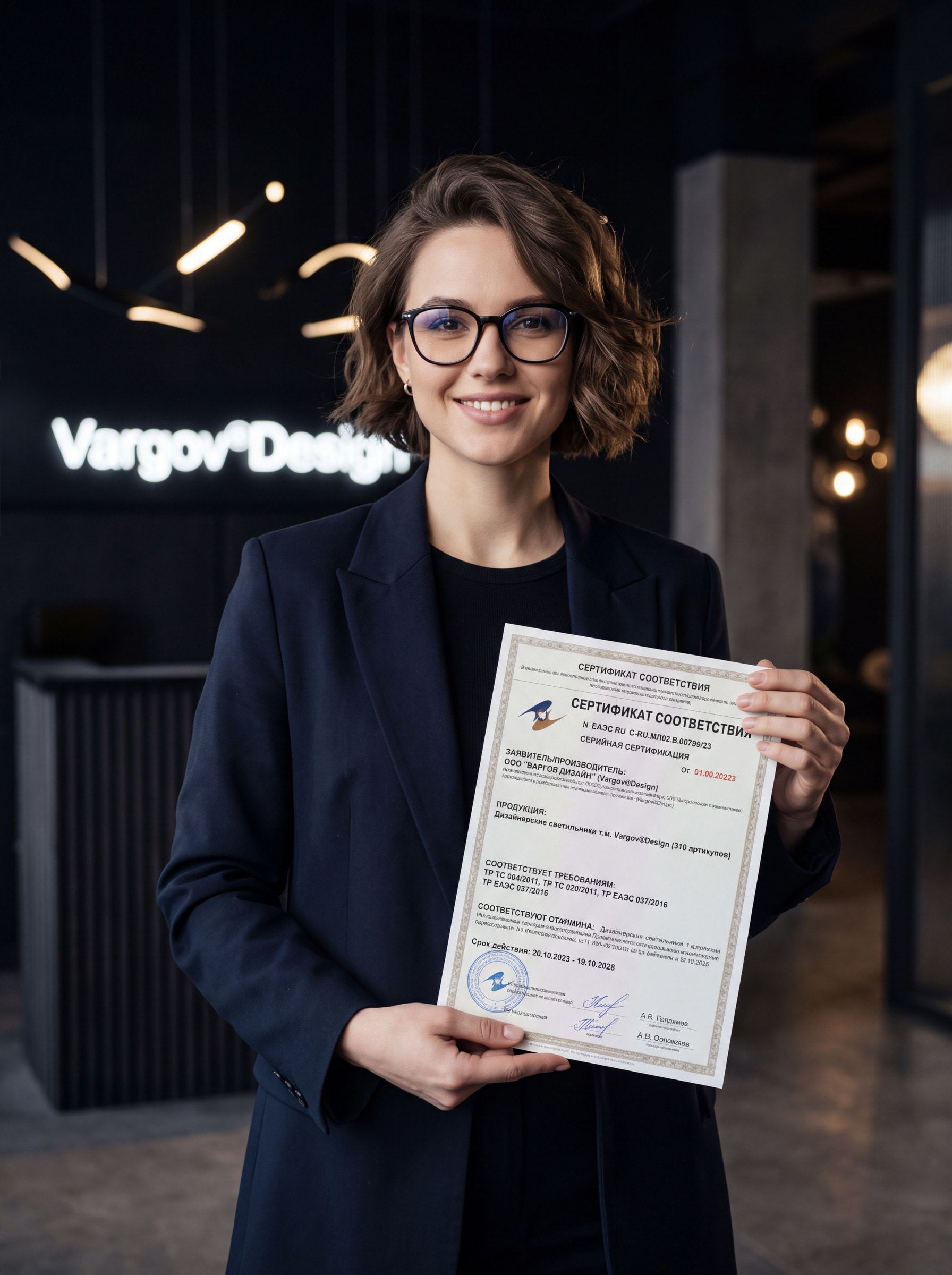 Mitarbeiterin des Vargov®Design-Showrooms mit einem Konformitätszertifikat in den Händen