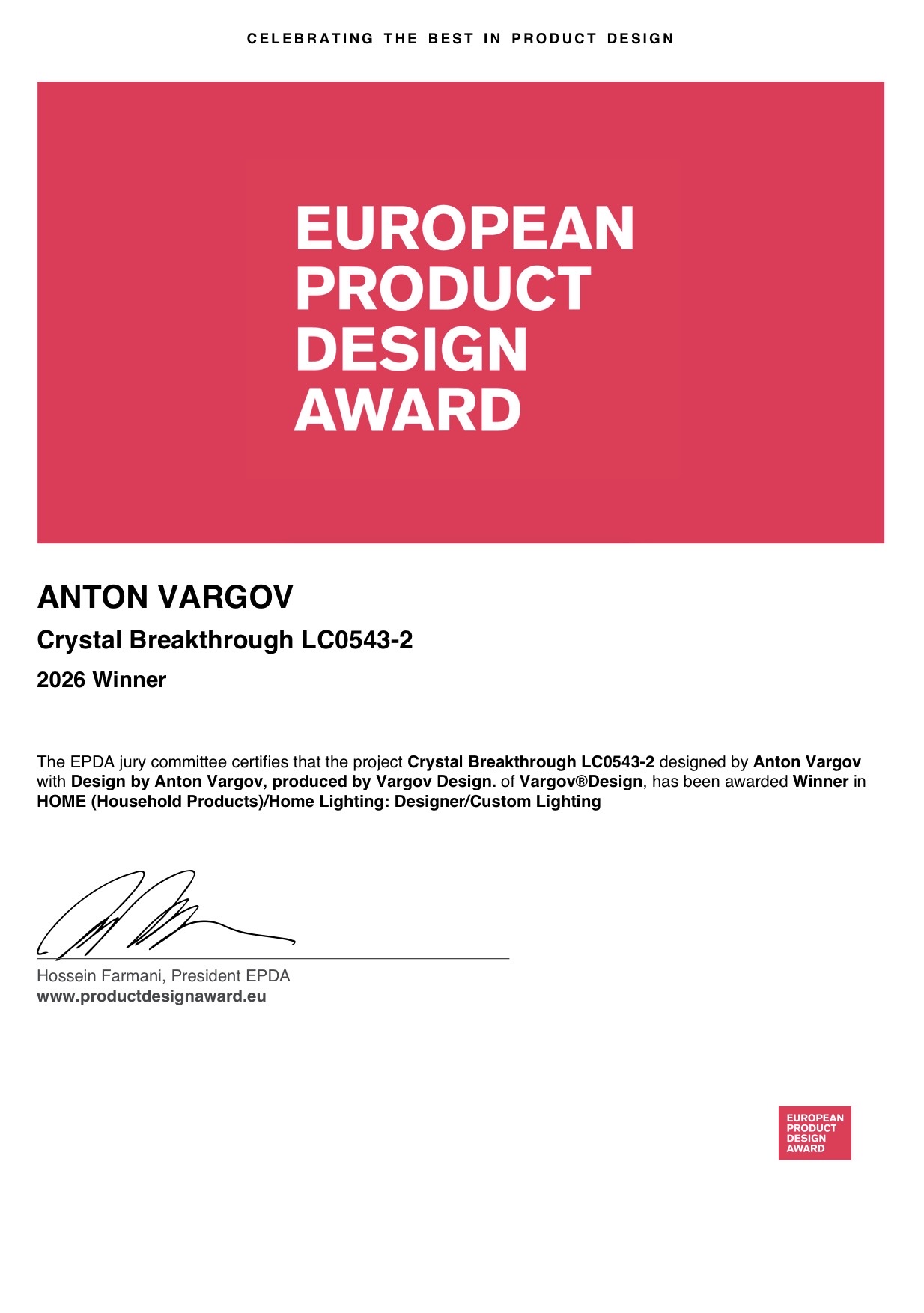Giấy chứng nhận: European Product Design Award 2026 — Vargov®Design