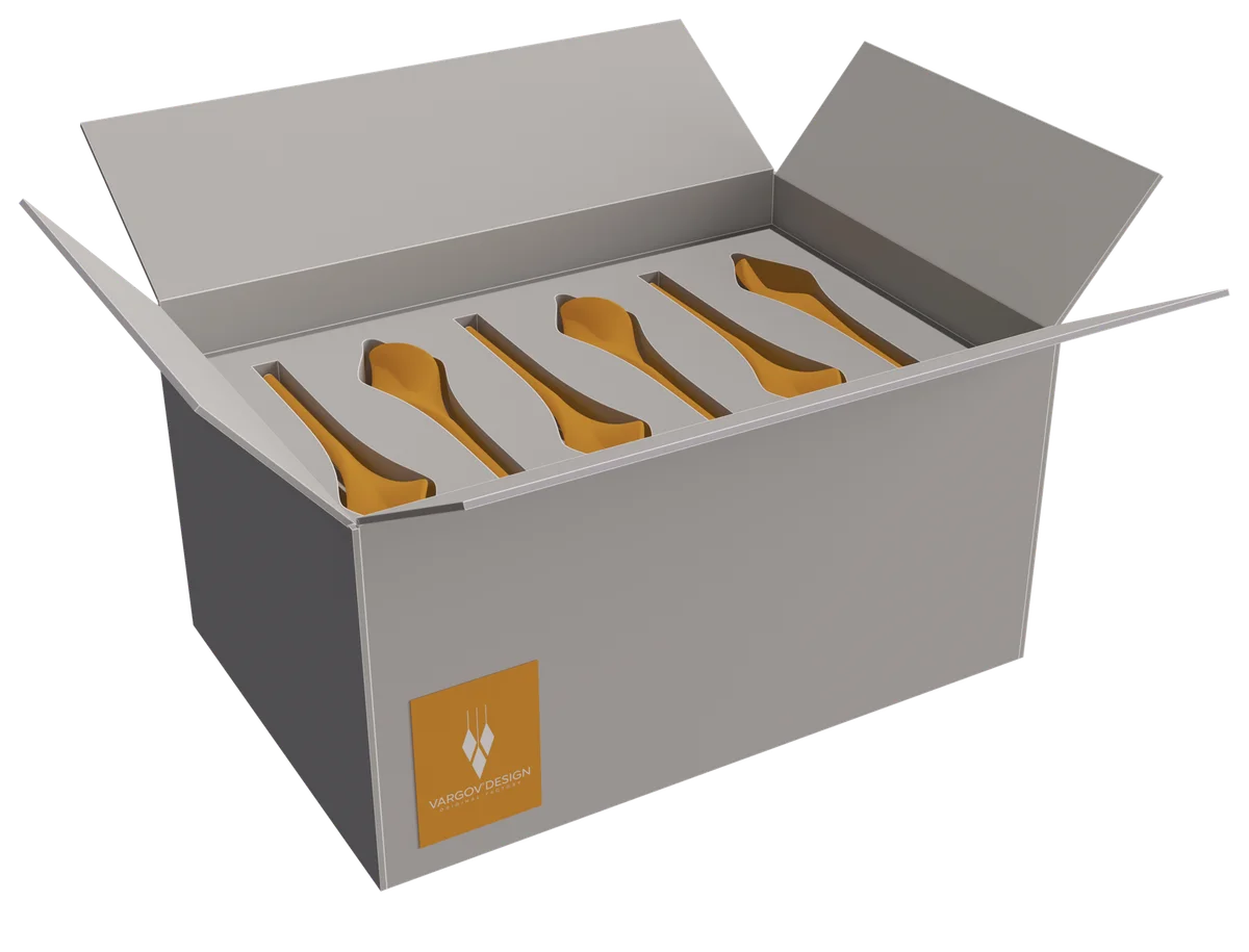 Composition elements seated in the moulded inserts of a Vargov®Design box