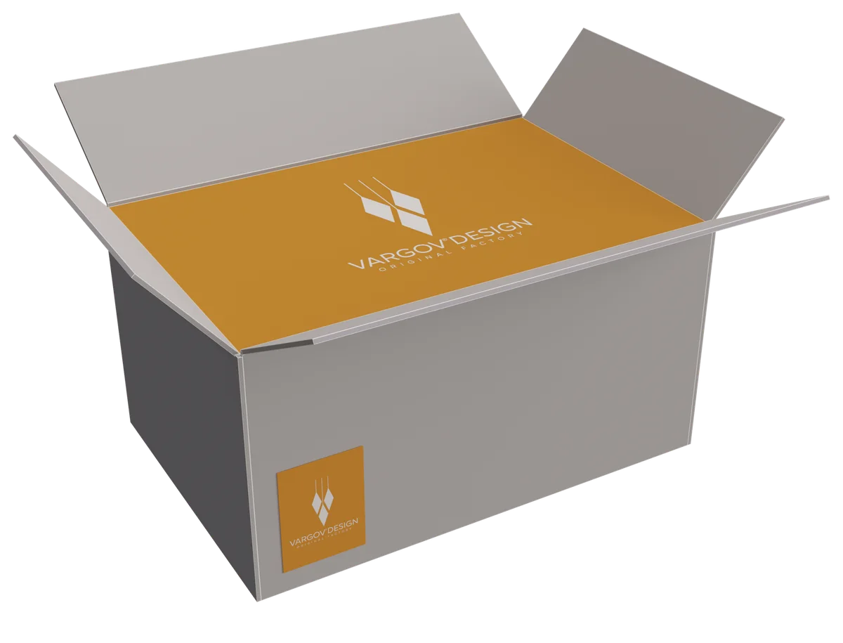 A cardboard welcome sheet with the Vargov®Design logo on top of the contents